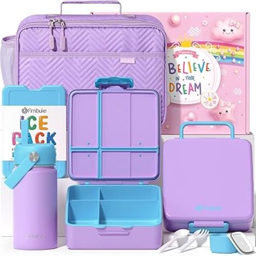 Fimibuke Kids Bento Lunch Box with 4 Compartments, Insulated lunch Bag, Stainless Steel Insulated Water Bottle, Ice Pack & Utensils Set, Birthday Gifts for Ages 3-12 Back to School Toddler Girls Boys