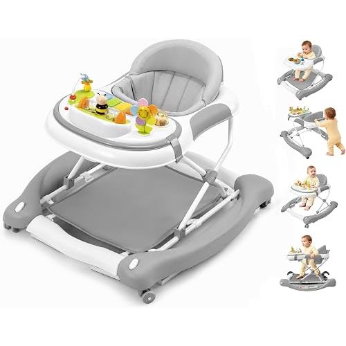 5 in 1 Baby Walker, Music and Lights Walker for Baby Boy Girls 6-12 Months, Foldable Baby Walkers with Wheels and Bouncer Combo Portable, Toddler Infant Walker with Adjustable Height