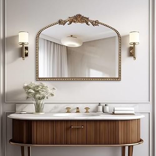 BAODANFU Baroque Arched Mirror for Living Room Wall, 36" X 30" Antique Gold Ornate Beaded Frame Decorative Accent Vanity Mirrors for Washing Room, Bathroom, Bedroom Wall Mounted