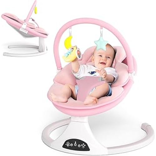 Electric Baby Swing with Remote Control - 5 Natural Motion Speeds, Detachable Seat Pad | Portable Infant Swing for Indoor/Outdoor Use (0-12M, 27lbs) (Pink)
