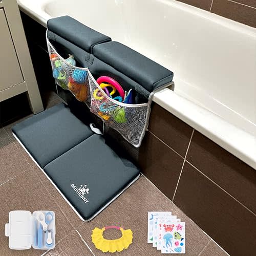 Baby Bath Kneeler and Elbow Rest Pad Set Grey with Silicone Cap, Non-Slip Stickers, Baby Nail Care Kit and Toy Storage - Comfortable Quick Dry and Non Slip Knee Pad for Bathing Babies