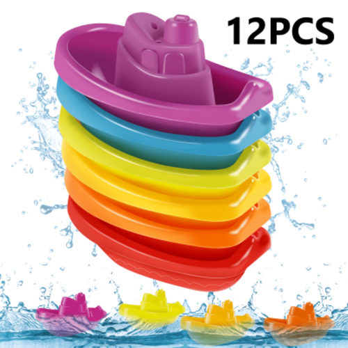 Xiyztok 12Pcs Baby Bath Boat Toy Floating Ship Bath Toy Colorful Stackable Bath Toys Fun Baby Bath Time Connectable Boats Toy Water Baby Bath Toys Set Pool Beach Floating Boat Toys for Kids