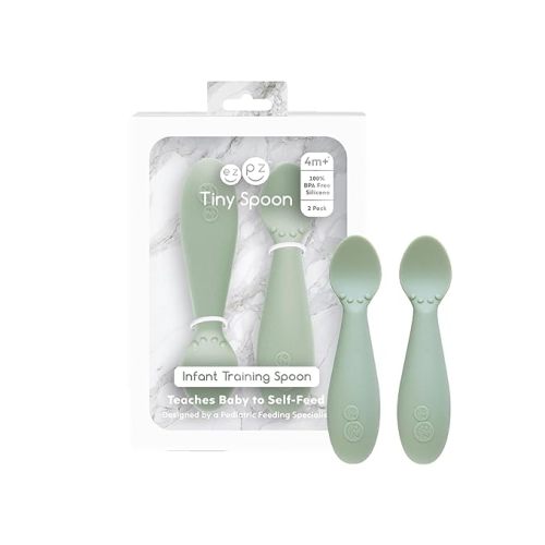 ezpz Tiny Spoon (2 Pack in Sage) - 100% Silicone Baby Spoon for Baby Led Weaning + Purees - 6 Months + - Designed by a Pediatric Feeding Specialist - Baby Essentials & Baby Gifts