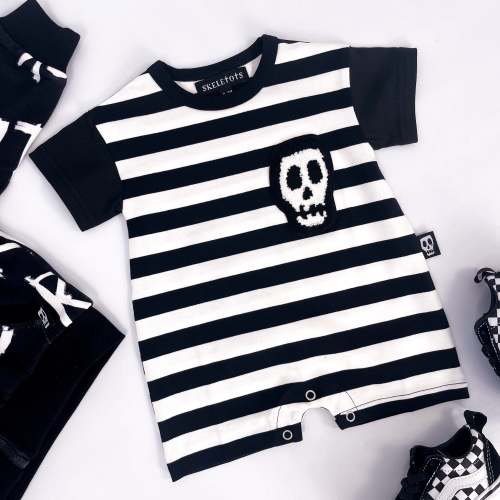 STRIPE SKELLY SKULL PATCH SHORTIE ROMPER