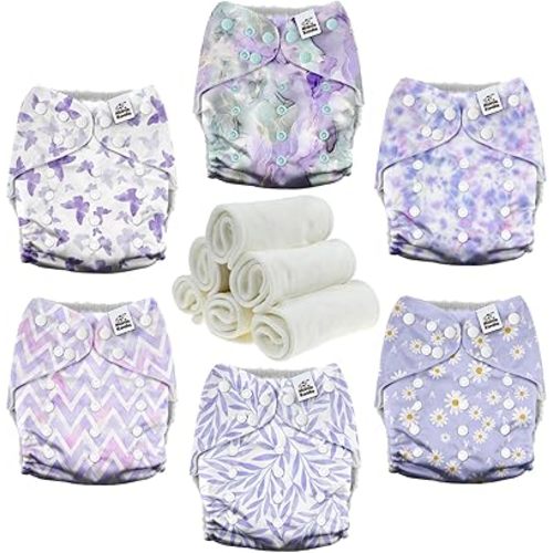 Mama Koala 3.0 Cloth Diapers for Babies with AWJ Lining, 6 Pack with 6 Natural Cloth Diaper Inserts - Reusable and Washable Pocket Diapers (Light Lavender)