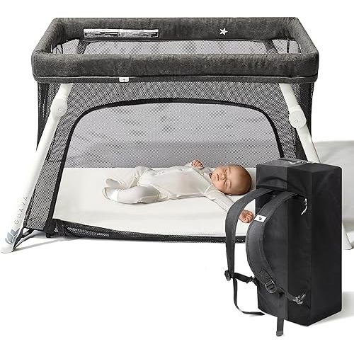 Guava Family Travel Crib includes Lightweight Backpack Design | Certified Baby Safe Portable Crib | Folding Play Yard, Comfy Mattress for Babies, Toddlers | Compact Baby Travel Bed