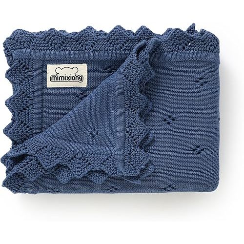 mimixiong Cotton Baby Blanket Knitted Crochet Receiving Crib Nursery Swaddling Blankets for Newborn Baby Boy Girl with The Bunny Rattle (Denim Blue)
