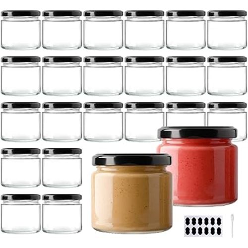 24Pack 5oz Glass Jars with Lids, 150ml Clear Small Mason Jars with 24 Stickers, Mini Canning Jar for Jam, Jelly, Honey, Pickles, Spice