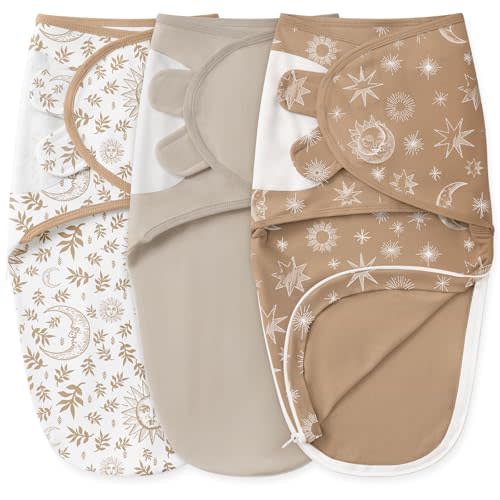 Unnivoll Baby Swaddles for Newborns with Zipper, 100% Cotton Newborn Swaddle Sack, 3 Pack Baby Swaddles 0-3 Months Swaddle Sleep Sack for Newborn Baby Boy Girl Brown Sun