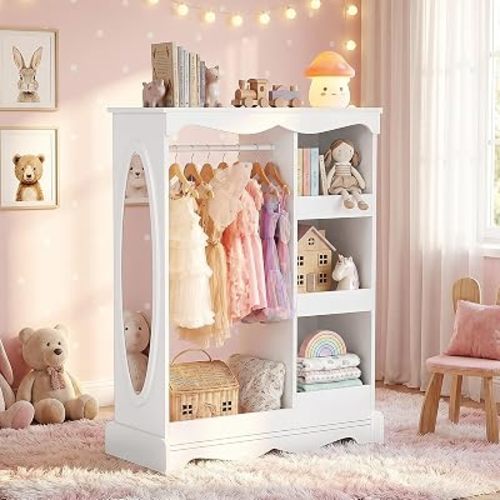 VOWNER Almacenamiento de madera para niños con espejo de cuerpo completo y estantes de almacenamiento (blanco)