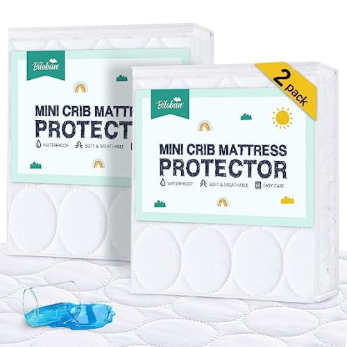 Mini Crib Mattress Protector Sheets Waterproof 2 Pack, Quilted Pack and Play Mattress Pad Cover Fits for Mini Crib/Playen/Pack and Play Mattress, White, 38"x24"