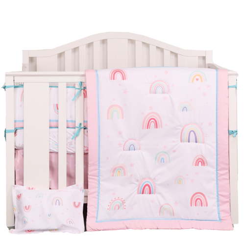 JISEN 3-Piece Crib Bedding Set for Girls - Quilt, Sheet, and Pillowcase - Microfiber Pink Rainbow