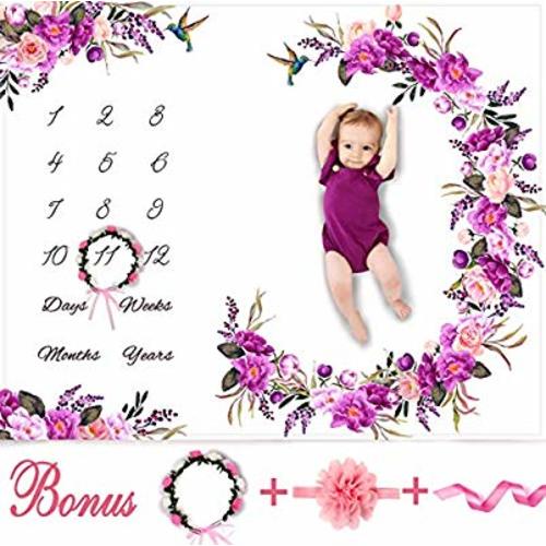 Baby Monthly Milestone Blanket Girl - Floral Plush Fleece Baby Photography Backdrop Memory Blanket for Newborns Large - New Moms Set - 100% Wrinkle-Free - Bonus Wreath + Headband