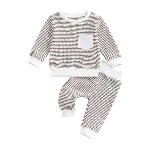 ZAXARRA Baby Boy Fall Clothes Long Sleeve Toddler Boy Waffle Sweatshirt Pullover Tops Pants Infant Fall Winter Outfits