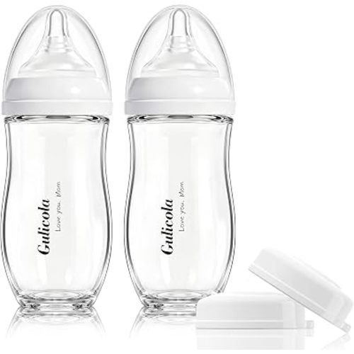 Gulicola Natural Glass Baby Bottle for Breastfed Babies, Anti-Colic Baby Bottle Set with Medium Flow Nipple, 3 Months +, 8 oz, 2 Pack - White