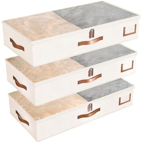 Fixwal Under-Bed Storage 3 Pack Blanket Storage 24L Under Bed Clothes Organizer with Sturdy Structure and with Sturdy Structure and Ultra Thick Fabric for Comforters, Clothes, Shoes Ivory White