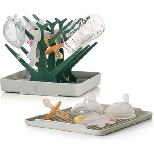 haakaa Portable Baby Bottle Drying Rack with Tray, Space Saving Bottle Drying Tree for Bottles/Pump Parts/Pacifiers,Easy-Store Dryer Rack Great for Home & Travel, BPA Free (Green)