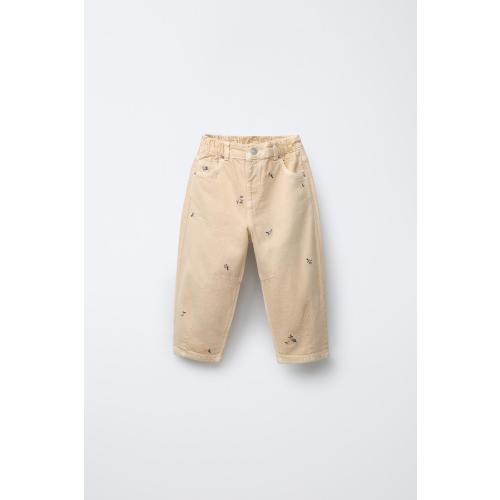 EMBROIDERED FLORAL BALLOON TWILL PANTS - Butter | ZARA United States