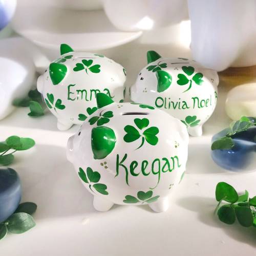Hand Painted Irish Piggy Bank, Shamrock Bank, Personalized Bank, Green Clovers, Four Leaf Clover, Gift for Irish Child, New Baby Gift