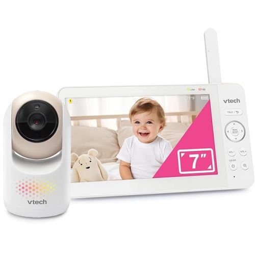 VTech Video Baby Monitor with 7" Color LCD Screen, Rechargeable Battery, Video Streaming, Audio Streaming, Pan-Tilt-Zoom, Touch Multi-Color Night Light, Two-Way Talk, Long Range: Advanced Max Tan