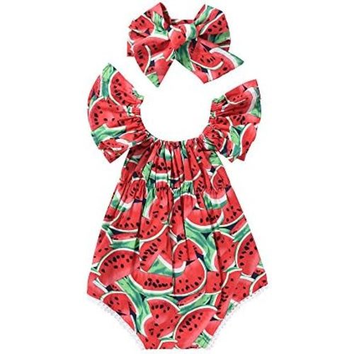 Baby Girls Playsuits Ruffled Bodysuit+Headband Watermelon Print Sleeveless Romper Jumpsuit Toddler Summer Clothes