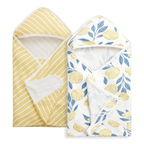 Momcozy Baby Hooded Towel, 2 PackBaby Towel Set, Super Soft Bath Towel with Original Design, Shower Gifts for Infant, Toddler (28 X 28 Inch, Lemon Leaves) - Newborn Bath Towel ( 28 X 28 Inch )