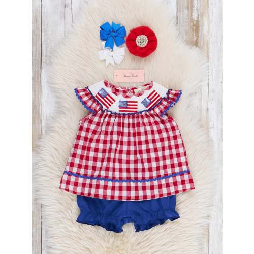 Smocked Gingham American Flag Bloomers Outfit