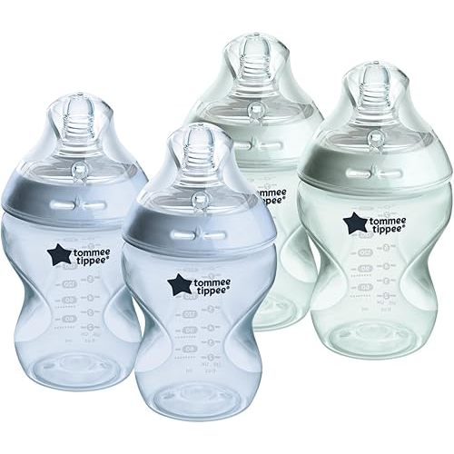Tommee Tippee Natural Start Anti-Colic BPA Free Baby Bottles, 9oz, Newborn 0+ Months, Slow Flow Breast-Like Nipple, Designed for Seamless Transitions Between Bottle and Breast, Blue/Green, Pack of 4