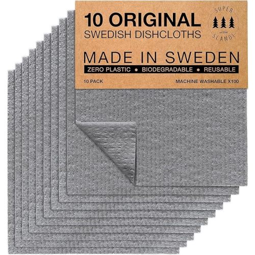 SUPERSCANDI 10 Pack Swedish Dishcloths for Kitchen - 100% Biodegradable & Compostable Reusable Paper Towels Washable, Food-Safe & Without Plastic - Dish Rags Suitable for Any Surface, Grey