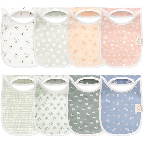 KeaBabies 8-Pack Bibs for Baby Girl, Boy - Pullover Large Baby Bibs for Drooling and Teething Infant, Newborn, Soft & Absorbent Organic Cotton, Long Torso Coverage Keep Toddler Clean & Dry (Fleur)