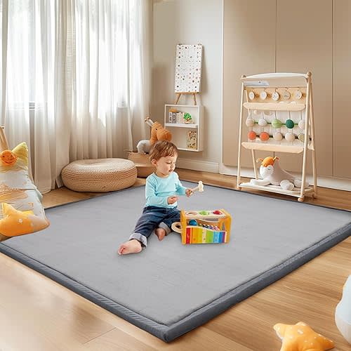SUNYRISY Baby Play Mat for Floor, 1.4in Thick Memory Foam Padded Play Mat for Baby, Soft Velvet Infants Toddler Kids Play Mat Non-Slip Bottom, Crawling Baby Rugs for Nursery 60x70in