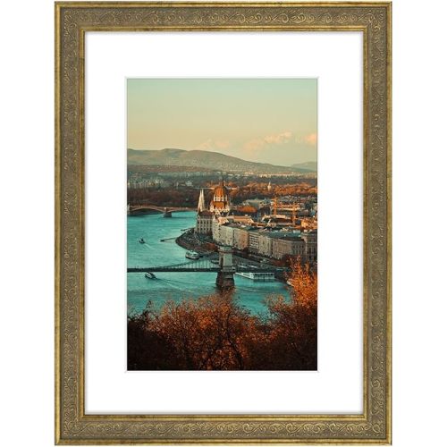 Golden State Art, 12x16 Ornate Finish Photo Frame with White Mat for 8x12 Picture & Real Glass. Color: Distressed Gold