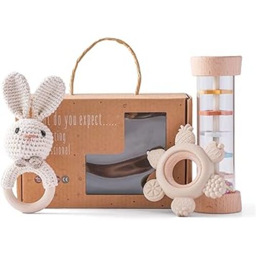 Youuys Wooden Baby Rattle Set (3pcs) - Crochet Rattle Rain Stick Teething Toys, Wooden Montessori Toy for Newborn Infant Baby Rattles Set Toys 3-6-12 Months (Bunny)