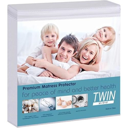 Waterproof Mattress Pad Protector Twin Size 100% Organic Cotton Hypoallergenic Breathable Mattress Pad Cover, 15” Deep Pocket, Vinyl Free (Twin)