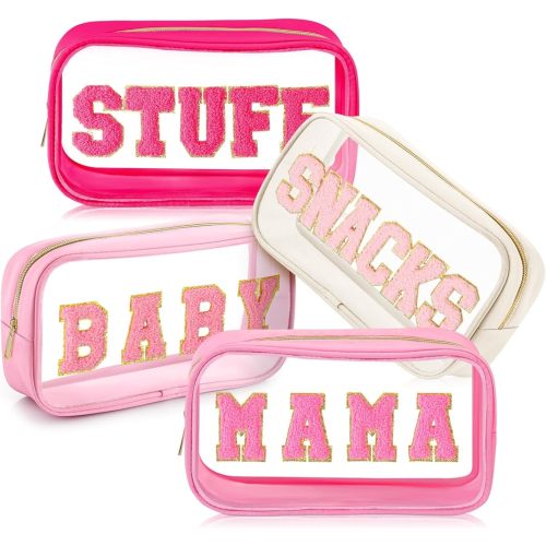 SilTriangle 4 Pcs Mama and Baby Toiletry Bag Clear Chenille Letter Diaper Bag Pouch Snacks Makeup Stuff Travel Preppy Transparent Pouch with Zipper for Women Gift(Bright Color)