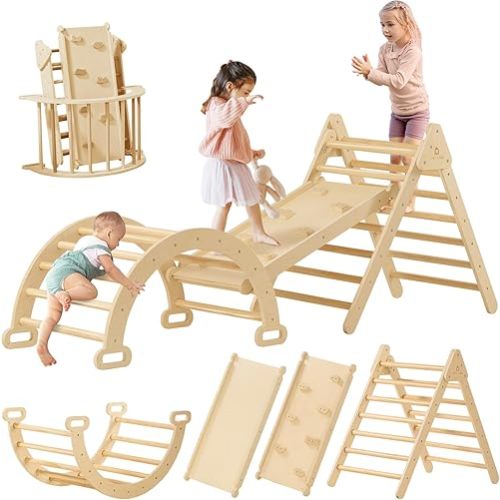 Tiny Land 7 in 1 Pikler Triangle Set, Foldable Toddler Climbing Toys, Montessori Climbing Set for 2+, Jungle Gym for Kids, Indoor Playground for Kids, Baby Climbing Gym