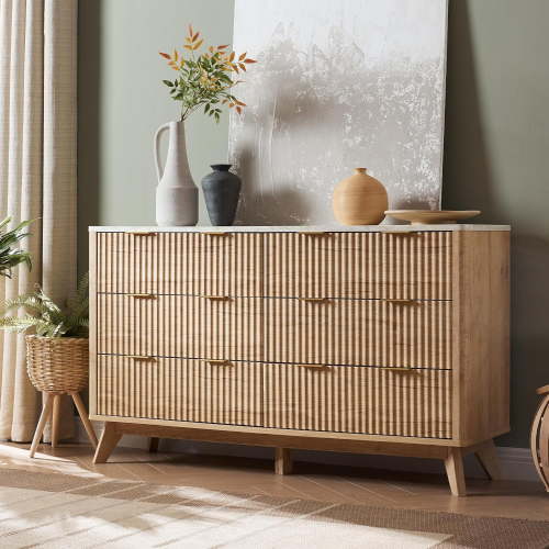 OKD Fluted 6 Drawers Dresser, 54" Wide Modern Chest of Drawers with Faux Marble Top, Wood Drawer Organizer for Bedroom, Living Room, Hallway, Natural Oak
