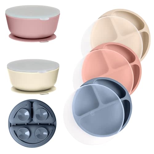 WeeSprout 3 Silicone Suction Plates with Lids & 3 Bowls Bundle for Toddler Feeding - Divided Design - Microwave & Dishwasher Safe - for Babies & Kids