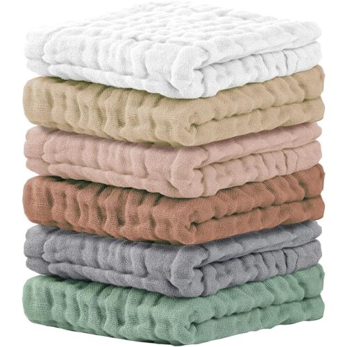 Baby Washcloths 6 Packs, Muslin Washcloths Baby,Cotton Burp Cloths, Extra Absorbent and Soft Wash Clothes for Newborns, 12x12 Inches