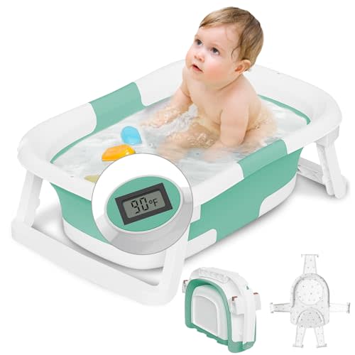 napei Collapsible Baby Bathtub,Baby Bath Tub with Soft Cushion & Thermometer,Baby Bathtub Newborn to Toddler 0-36 Months,Portable Travel Baby Tub