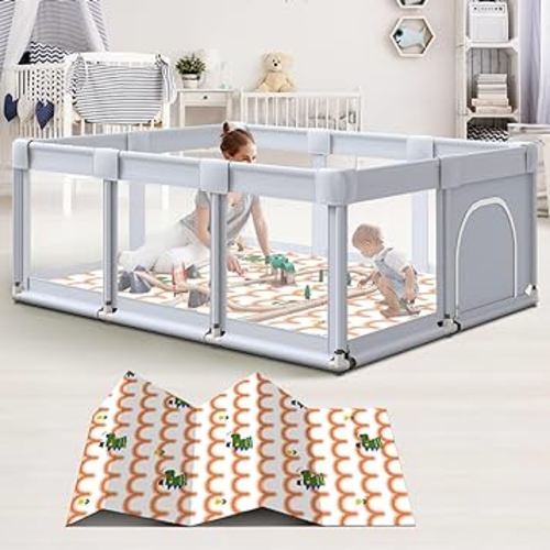 Baby Playpen 74"x50" Play Pens for Babies and Toddlers, Large Play Yards for Indoor & Outdoor with Zipper Gates, Breathable Mesh with Mat(Gray