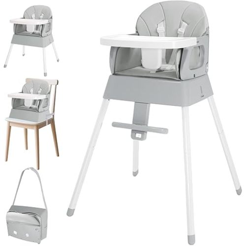 4-in-1 Baby High Chair, Convertible Highchair for Babies and Toddlers, Portable High Chair with Foldable Design, Booster Seat for Kitchen, Dining & Outdoor Use, Easy to Clean & Storage(Grey)