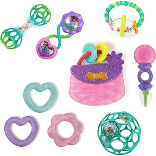 Bright Starts Everything Nice Teething Toys 9-Piece Set - BPA-Free Rattles and Chillable Teethers, Purple and Pink Baby Toys, 3 Months+