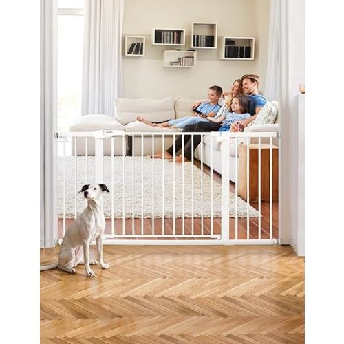 BABELIO 36-57" Extra Wide Baby Gate, Auto Close Dog Gate with Large Walk Thru Door,Safety Pet Gates for The House, Stairs and Doorways,Pressure Mounted Chlid gate,White