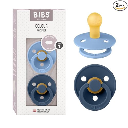 BIBS Pacifiers Colour Collection | Natural Rubber Baby Pacifier | Round Nipple | Set of 2 BPA-Free Soothers | Made in Denmark | 6+ Months (Pack of 2) | Sky Blue/Steel Blue