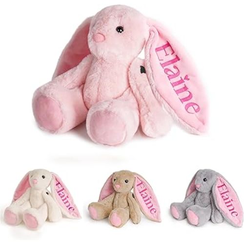 Custom Plush Bunny Toys with Child's Name, Embroidered Cute Bunny Stuffed Animals for Baby Toddlers, Personalized Birthday Gift for Baby Girls Boys Newborn (Pink)