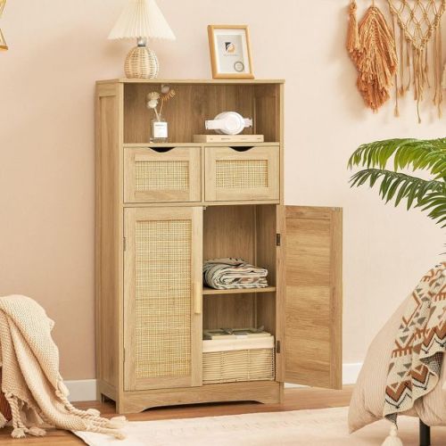 USIKEY Large Storage Cabinet, Rattan Cabinet with 2 Drawers & 2 Shelves, Cupboard, Floor Cabinet for Living Room, Home Office, Natural
