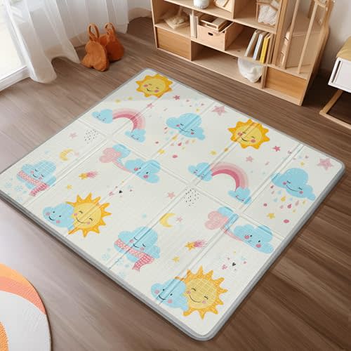 Foldable Baby Play Mat, PIGLOG 0.6in Thick Waterproof Playmats for Babies and Toddlers Kids, Safe Foam Playmat for Tummy Time, 50x50 Playpen Mat, Reversible Portable Baby Floor Mat for Infant, Sun