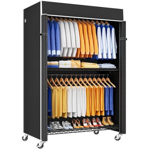 ULIFHOME P8C Pro Heavy Duty Clothes Rack(With Extended Width Design) Rolling Clothing Racks for Hanging Clothes with Lockable Wheels,42" W x 15.8" D x 80.5" H,Load 700LBS,Black Rack with Black Cover