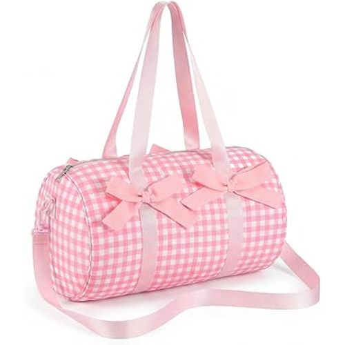 Pink Bows Duffle Bag for Girls Women Gym Sports Ballet Dance Bags Cute Pink Gingham Workout Travel Bag with EVA Lining Adjustable Strap Lightweight for Workout Travel Weekend Trip Sleepover